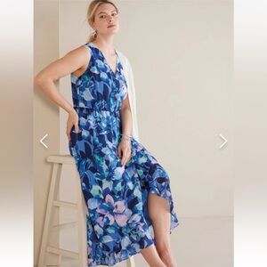 Soft Surroundings Ashlyn Maxi Dress Size XL Blue Floral Sleeveless Ruffle Hem